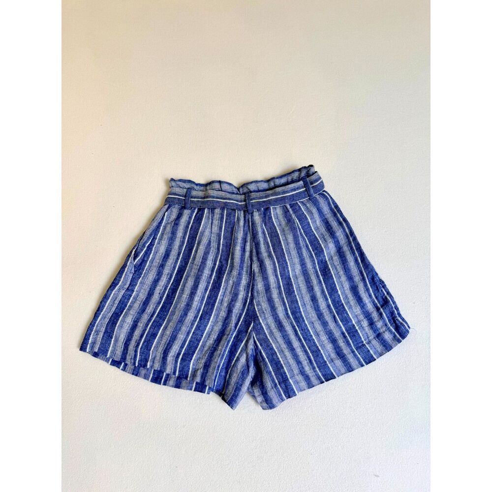 H&M Women’s Size 6 Blue White Striped Linen Blend Paperbag Belted Shorts - Picture 2 of 14